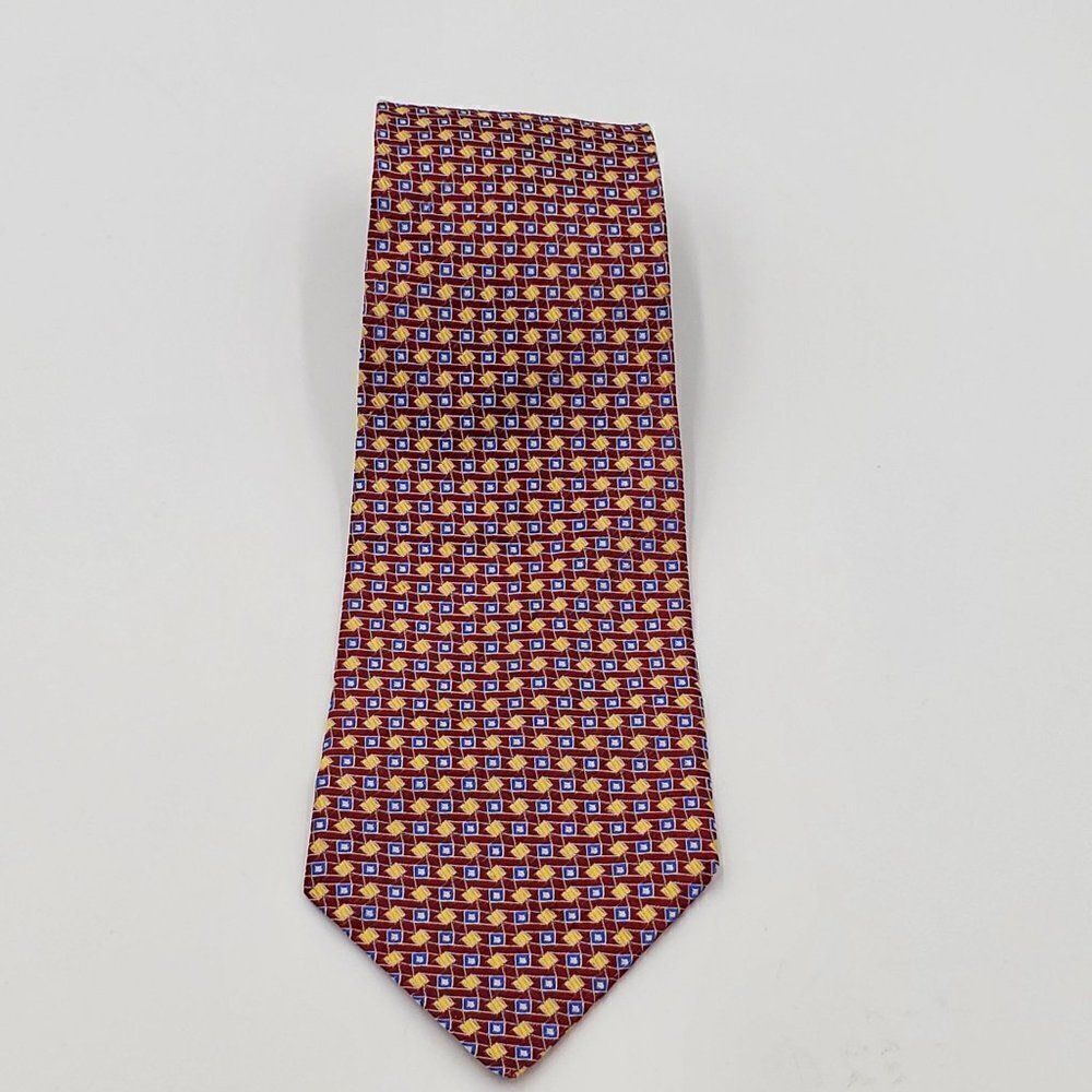 Tommy Hilfiger Tie 100% Silk Men's Red Yellow Geometric 58" - Picture 3 of 8